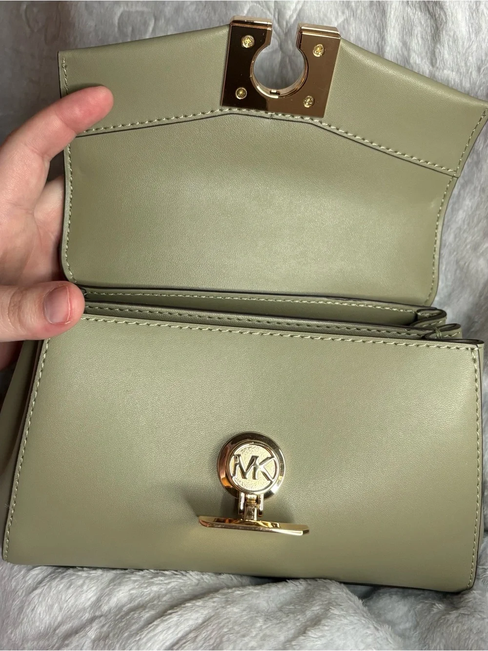 Michael Kors Sage Green Leather Crossbody with Gold Chain Accent